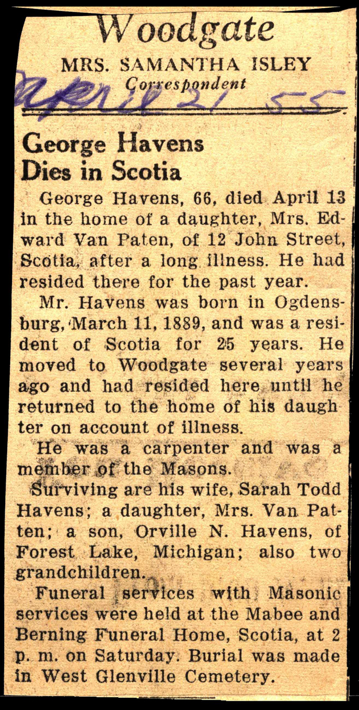 havens george husband of sarah todd havens obit april 13 1955
