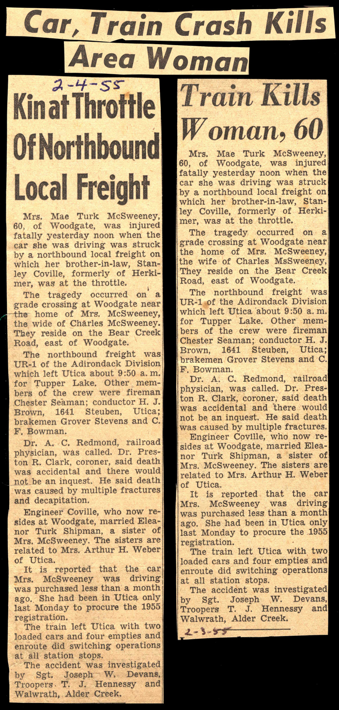 mrs mae turk mcsweeney killed in car train collision february 4 1955