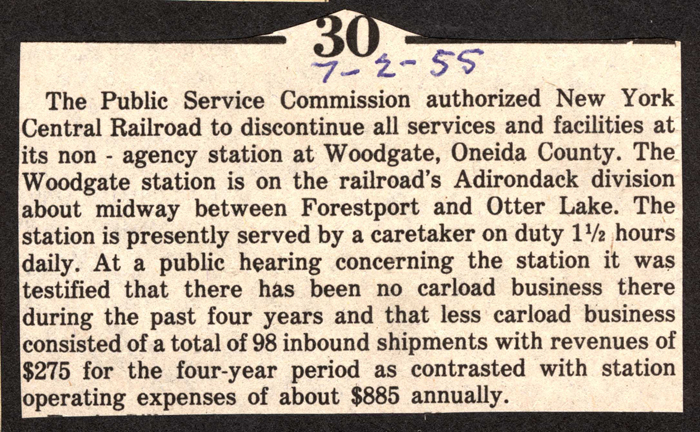 service discontinued at woodgate railroad station july 2 1955