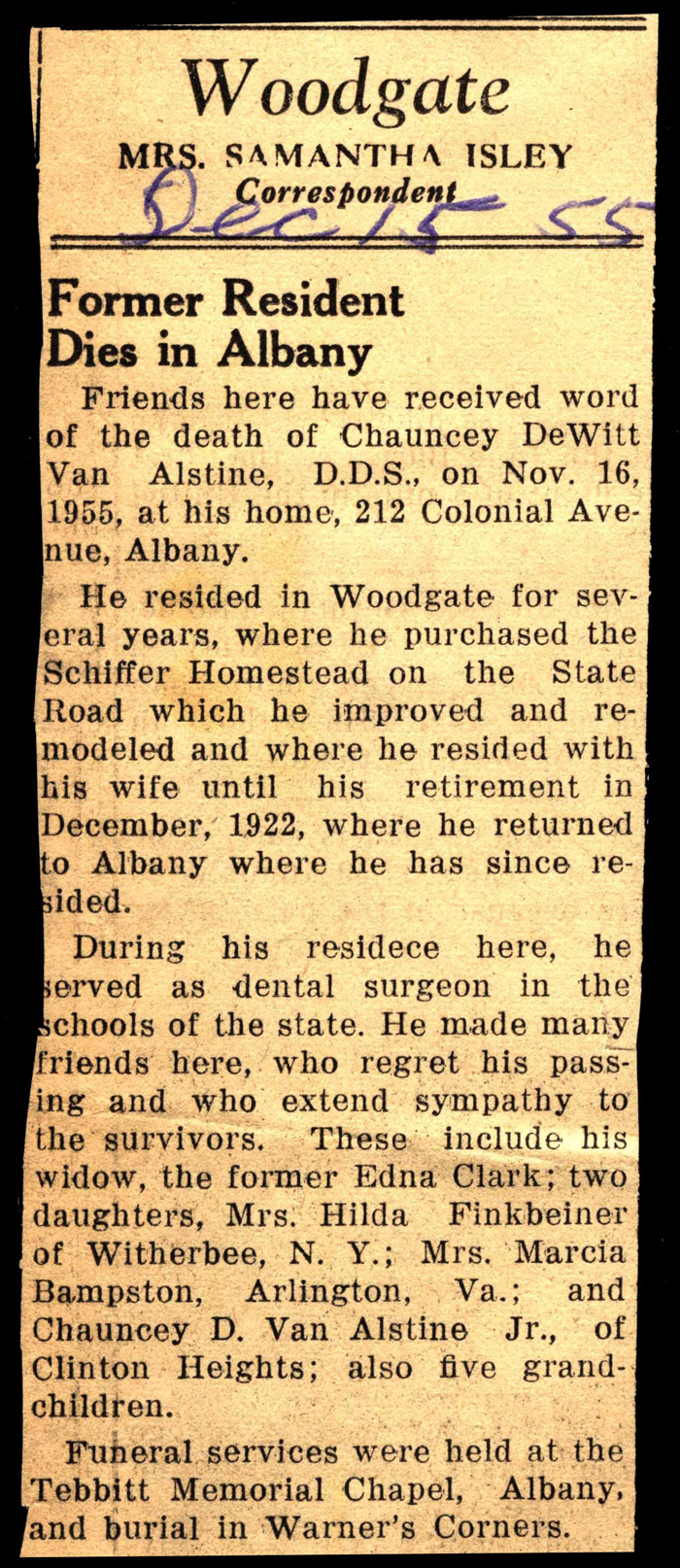 van alstine chauncey dewitt husband of edna clark van alstine obit november 16 1955