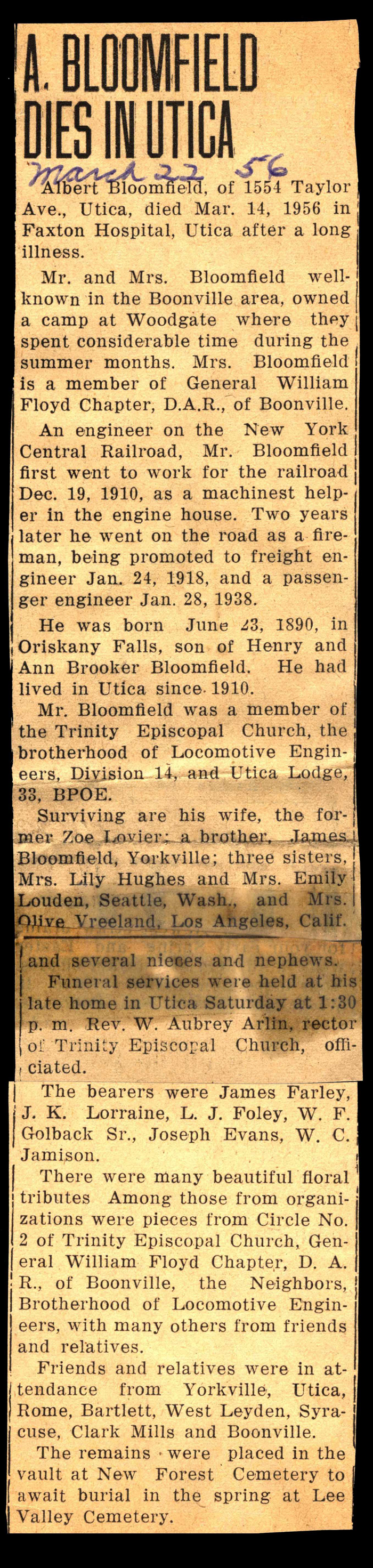 bloomfield albert husband of zoe lovier bloomfield obit march 14 1956