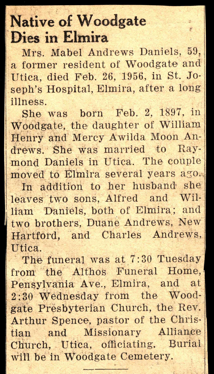 daniels mabel andrews wife of raymond daniels obit february 26 1956