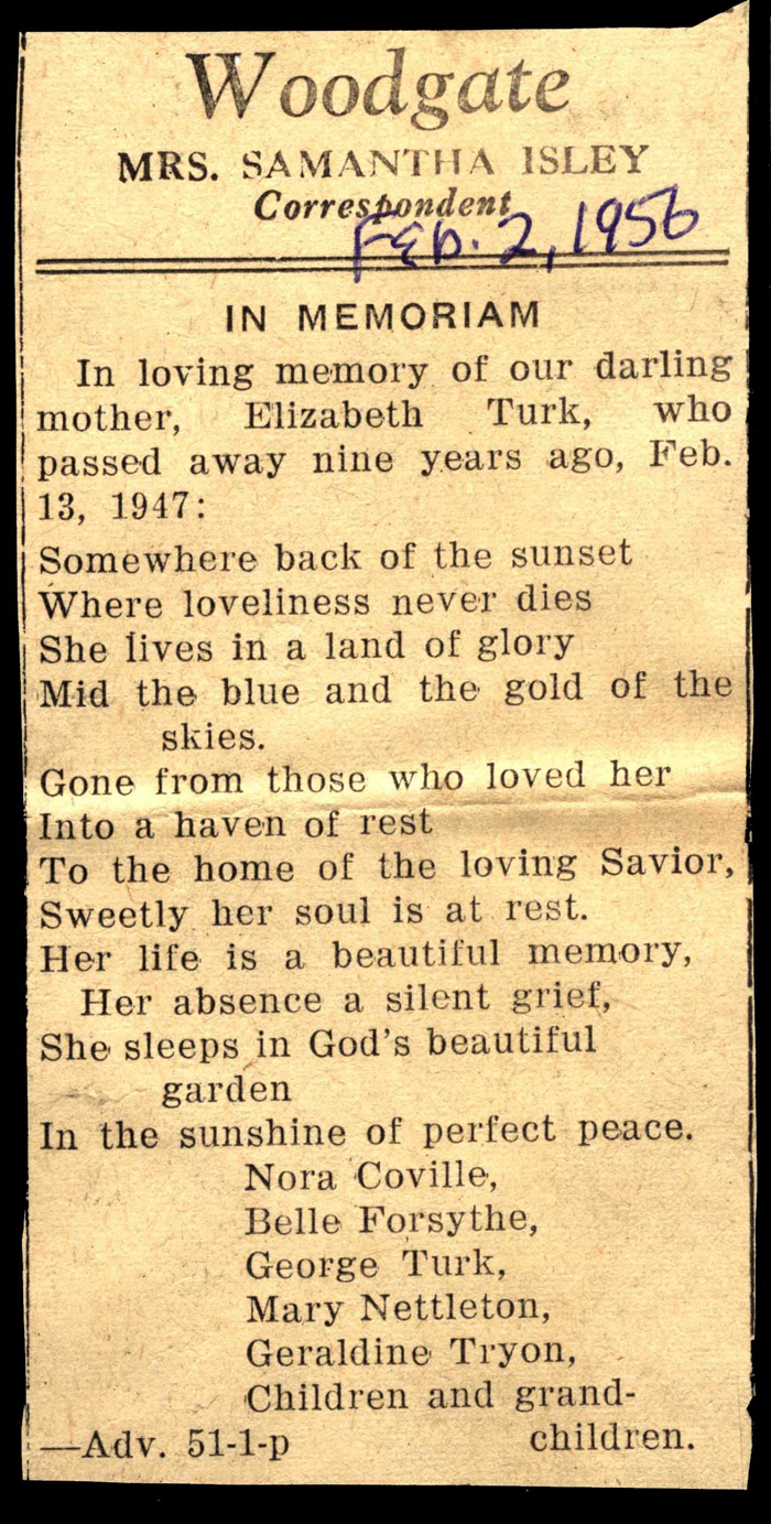 in memoriam elizabeth turk died february 13 1947