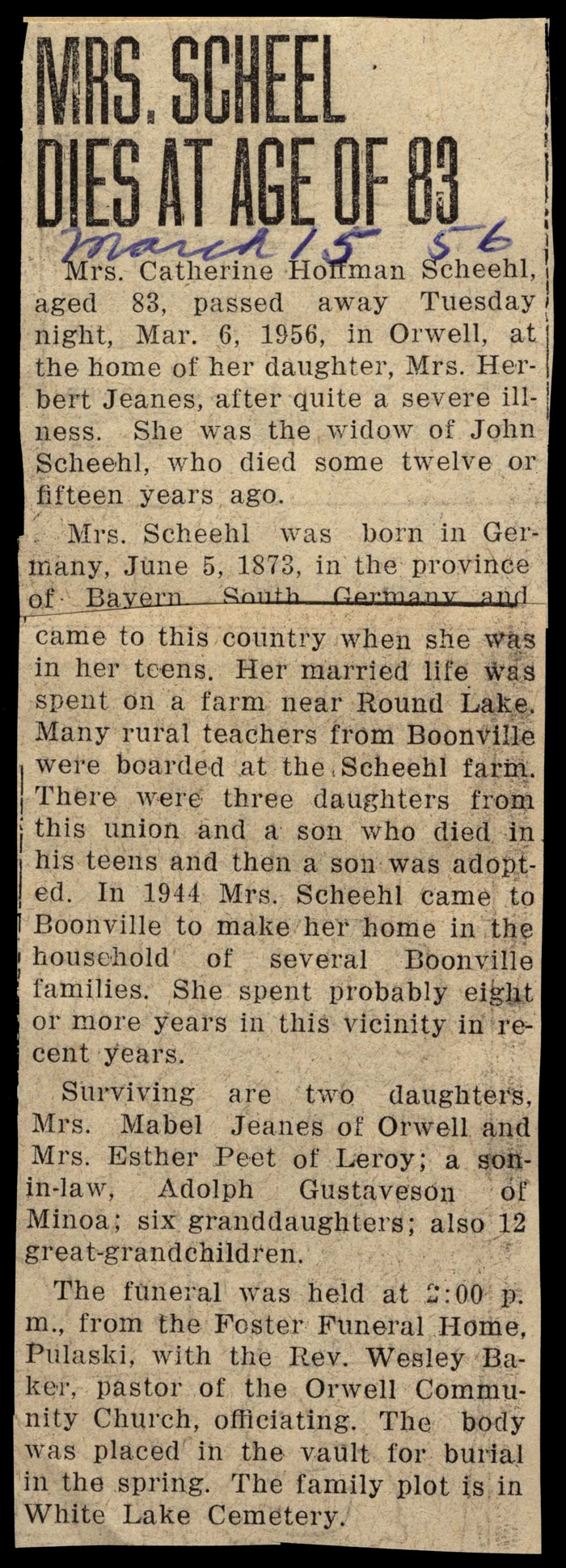 scheehl catherine hoffman wife of john scheehl obit march 6 1956