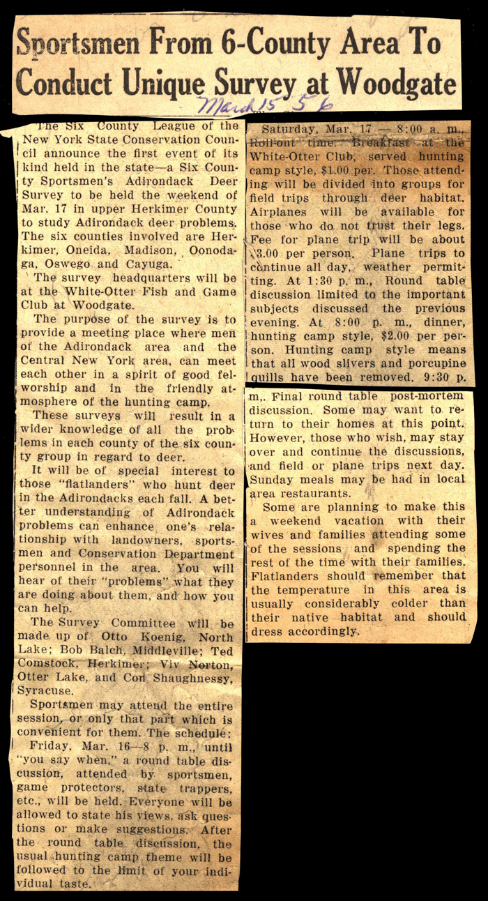 six county area to conduct sportsmen survey at woodgate march 15 1956
