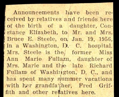 constance elizabeth born to mr and mrs bruce e steele january 19 1956