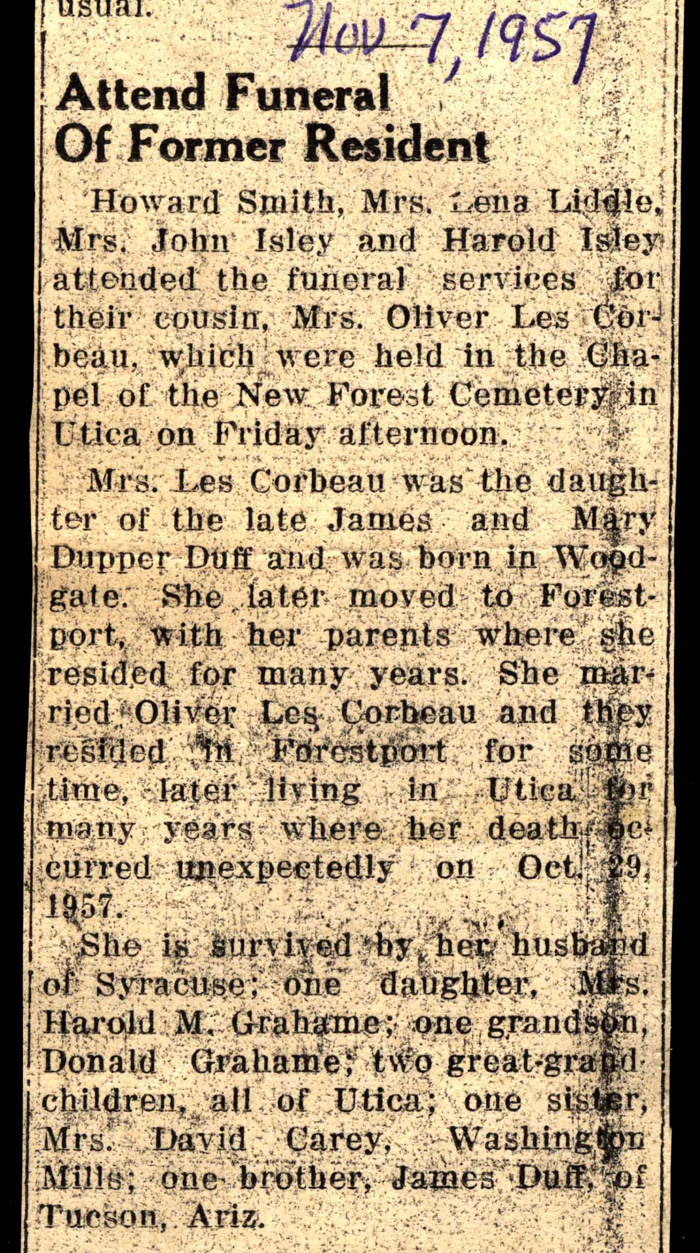 mrs oliver les corbeau dau of james and mary dupper duff obit november 7 1957