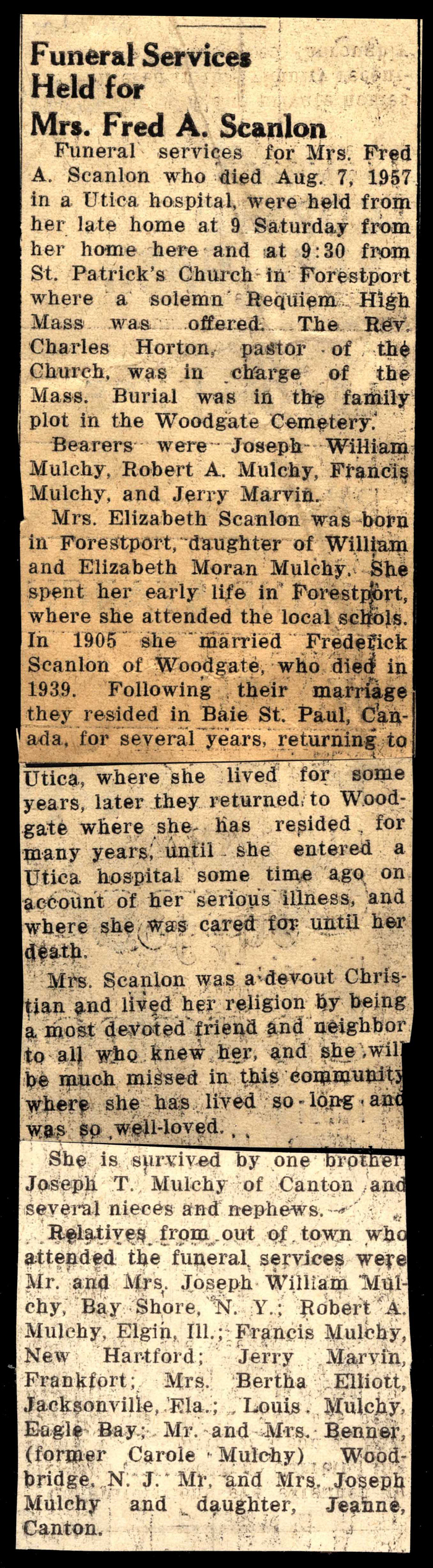 scanlon elizabeth mulchy wife of fred a scanlon obit august 7 1957