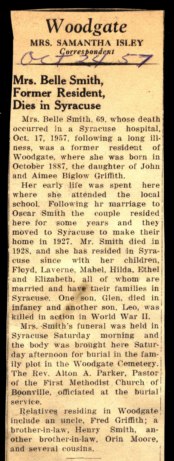 smith belle griffith wife of oscar smith obit october 17 1957