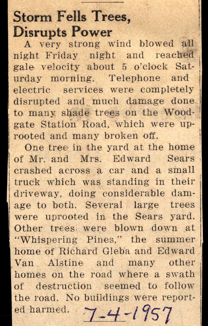 storm fells trees disrupts power july 1957