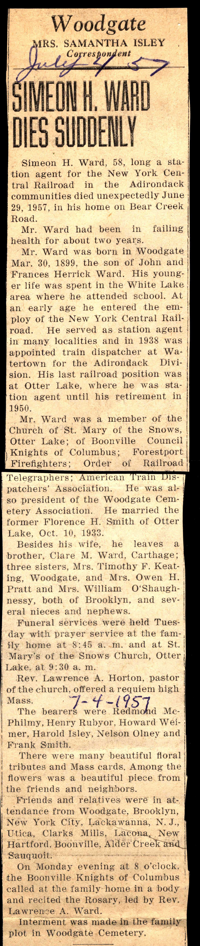 ward simeon h husband of florence h smith obit june 29 1957