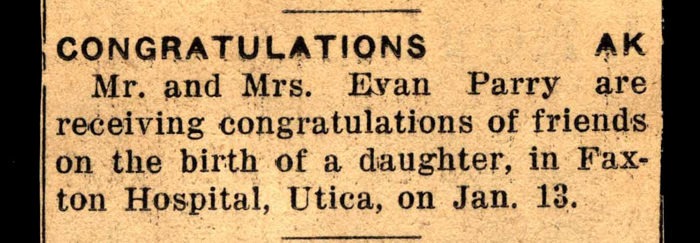 daughter born to mr and mrs evan parry january 13 1958