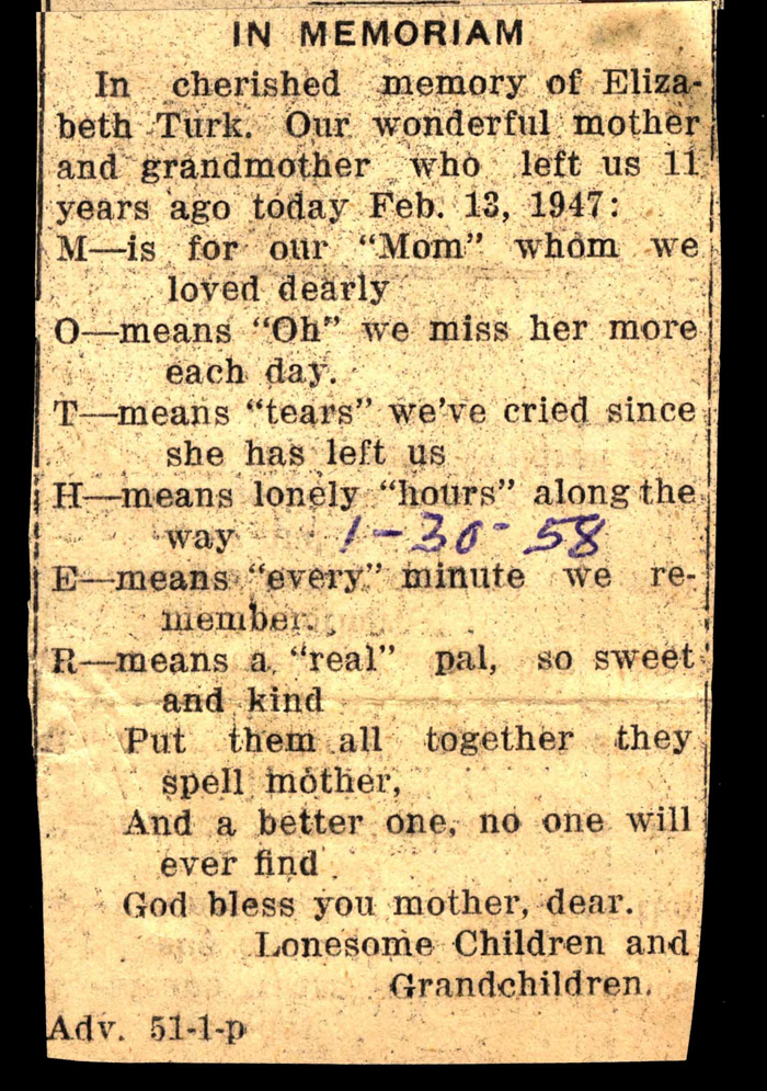 in memoriam elizabeth turk died february 13 1947