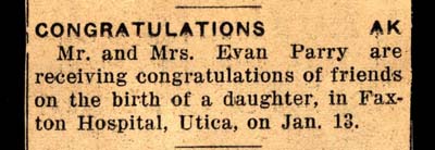 daughter born to mr and mrs evan parry january 13 1958