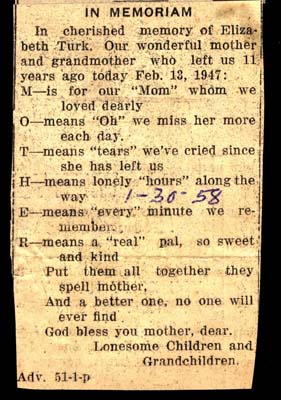 in memoriam elizabeth turk died february 13 1947