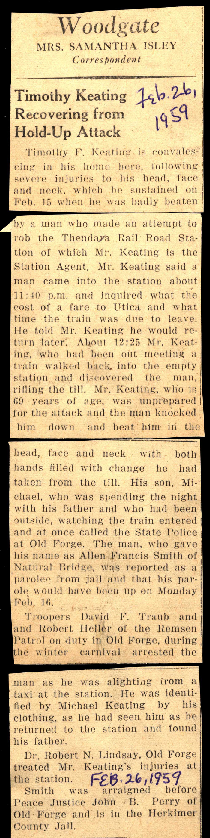 thendara station master thomas f keating recovering from hold up february 26 1959