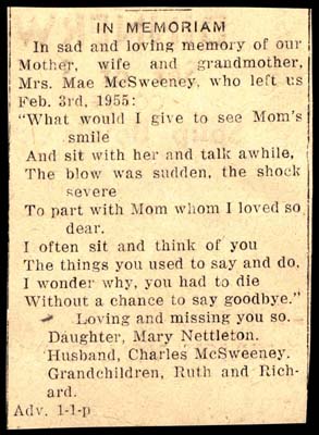in memoriam mae mcsweeney died february 3 1955