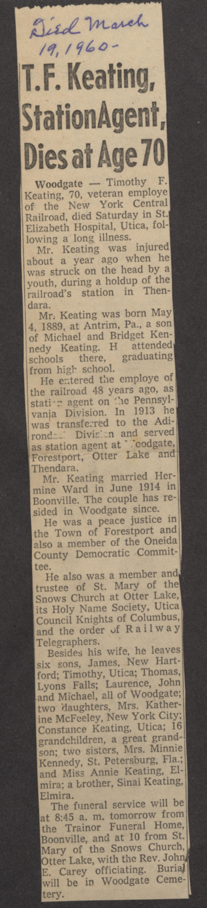 keating timothy f obit