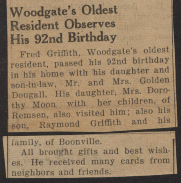 griffith fred 92nd birthday