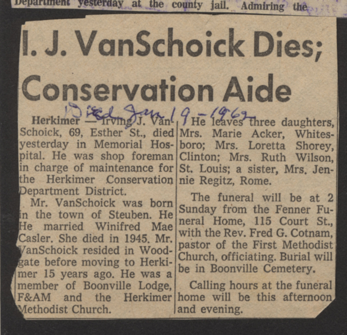 vanshoick irving j obit