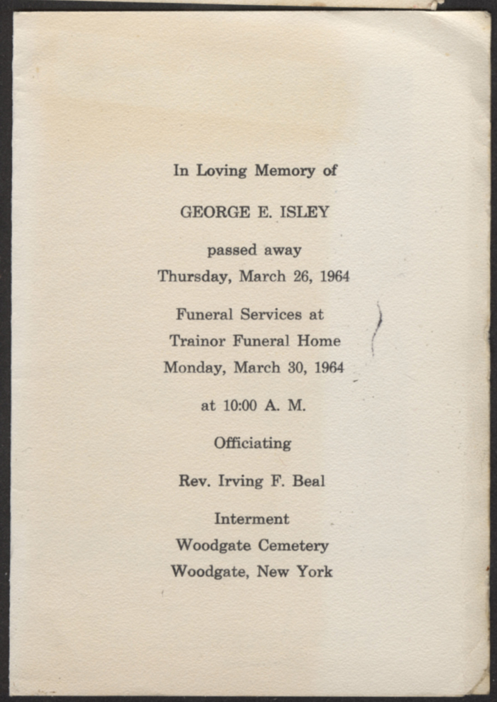 isley george e memorial card back