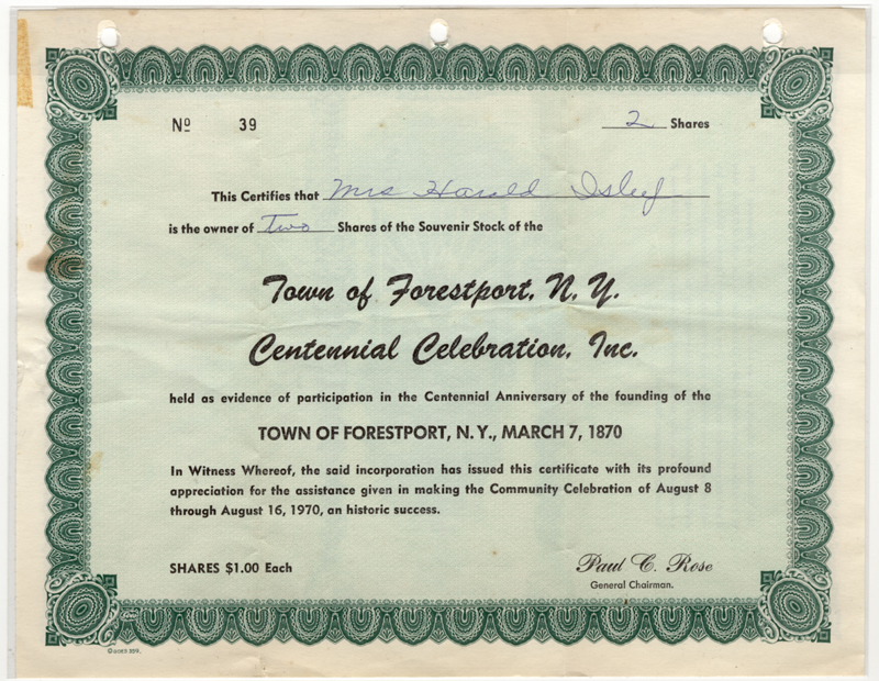 forestport centennial stock certificate mrs harold isley