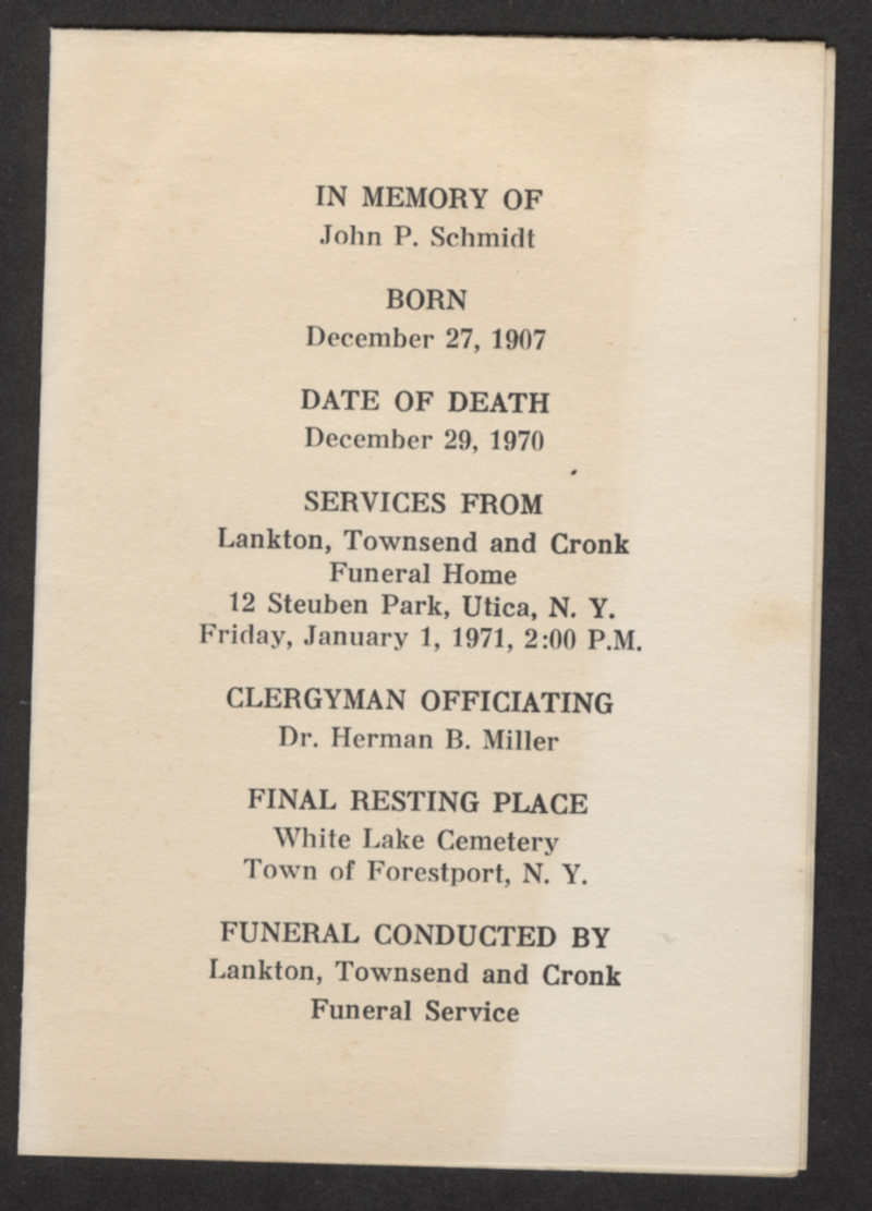 schmidt john p memorial card