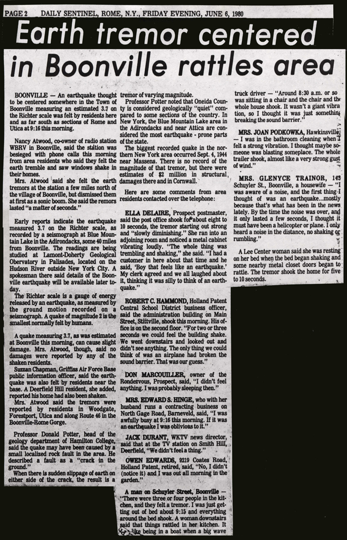 earth tremor centered in boonville rattles area june 6 1980