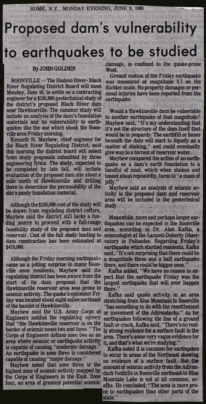proposed dams vulnerability to quakes to be studied june 9 1980