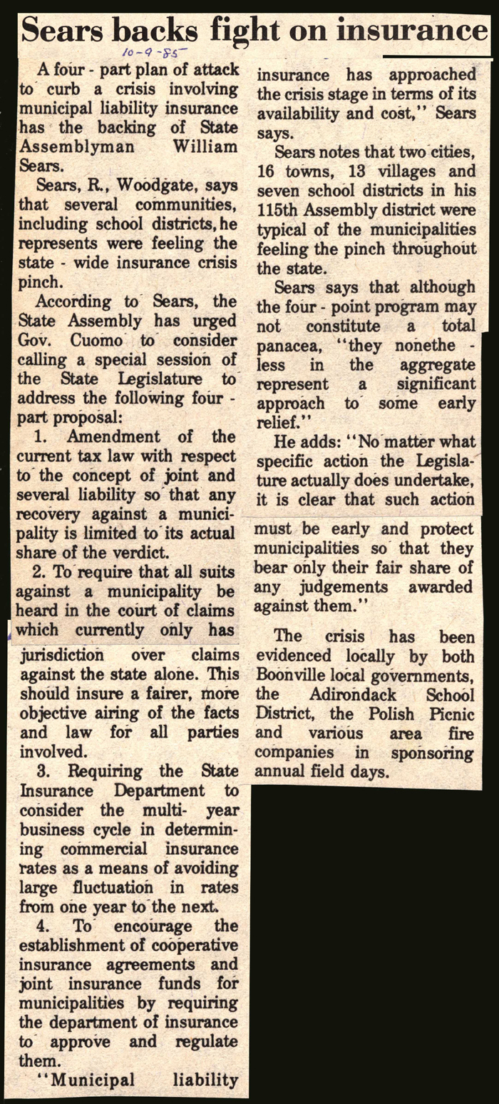 sears backs fight on insurance october 9 1985
