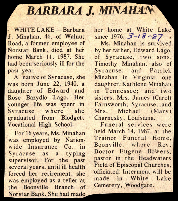 minahan barbara j lago daughter of edward and rose bazydlo lago obit march 11 1987
