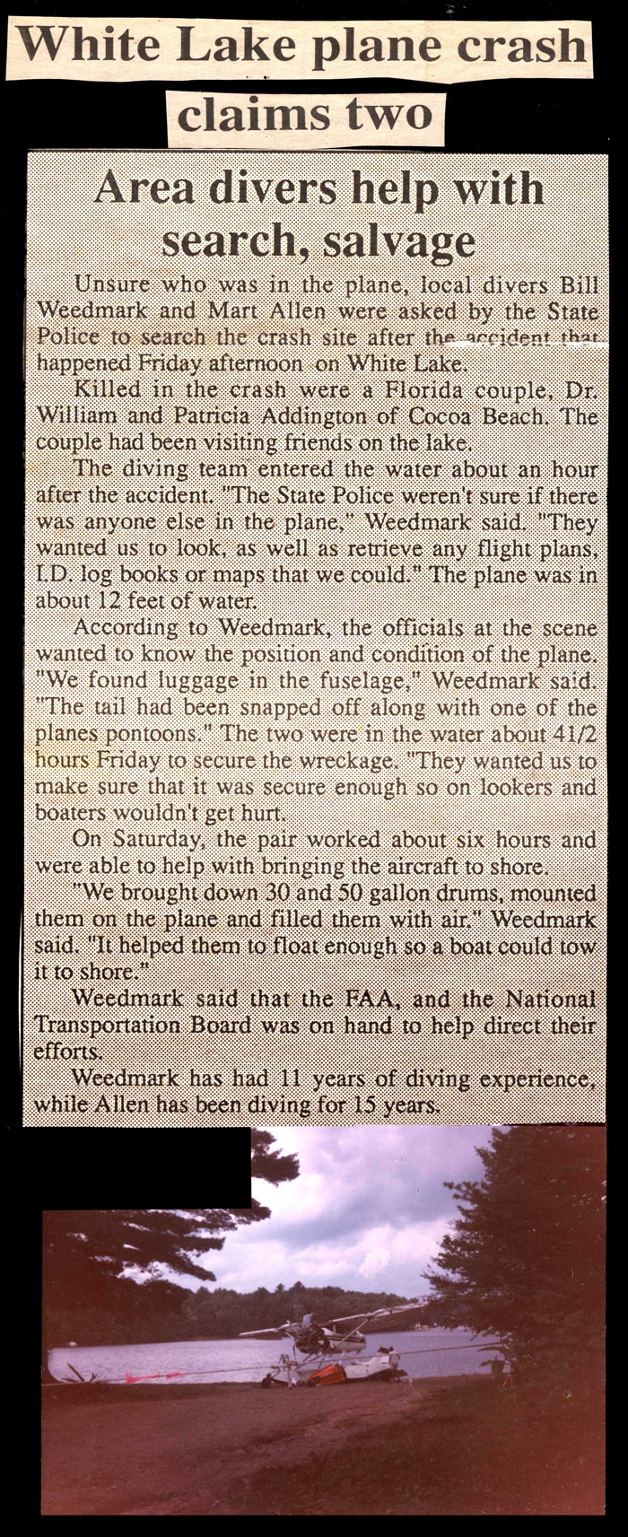 area divers help with search and salvage at white lake crash site august 1988