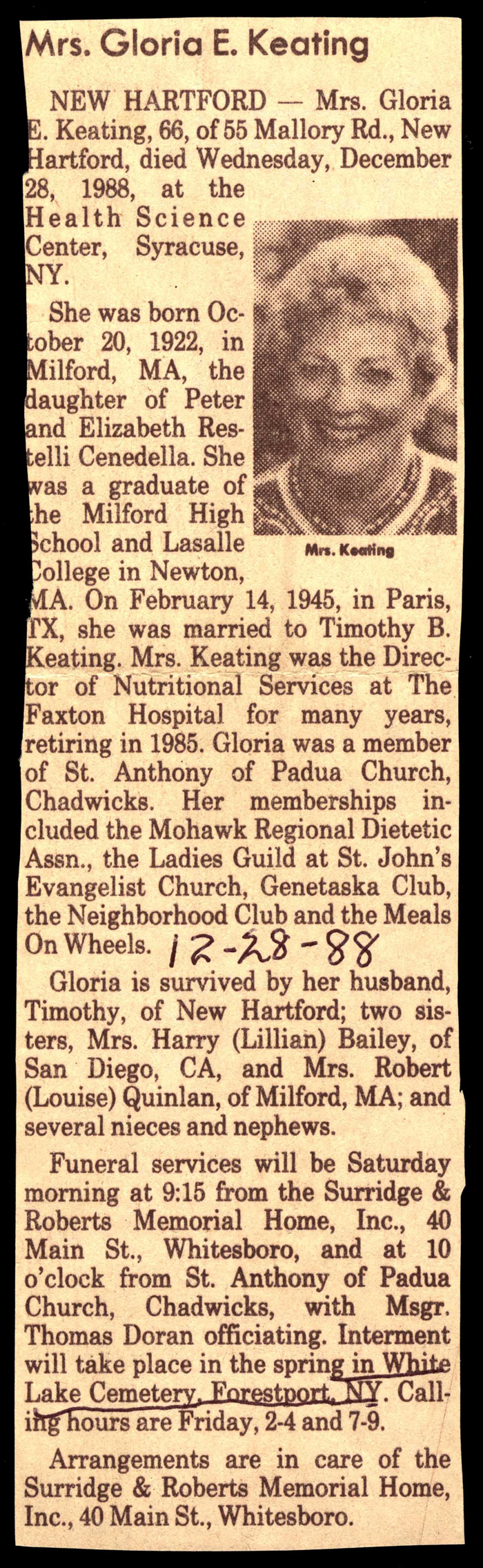keating gloria e cenedella wife of timothy b keating obit december 28 1988