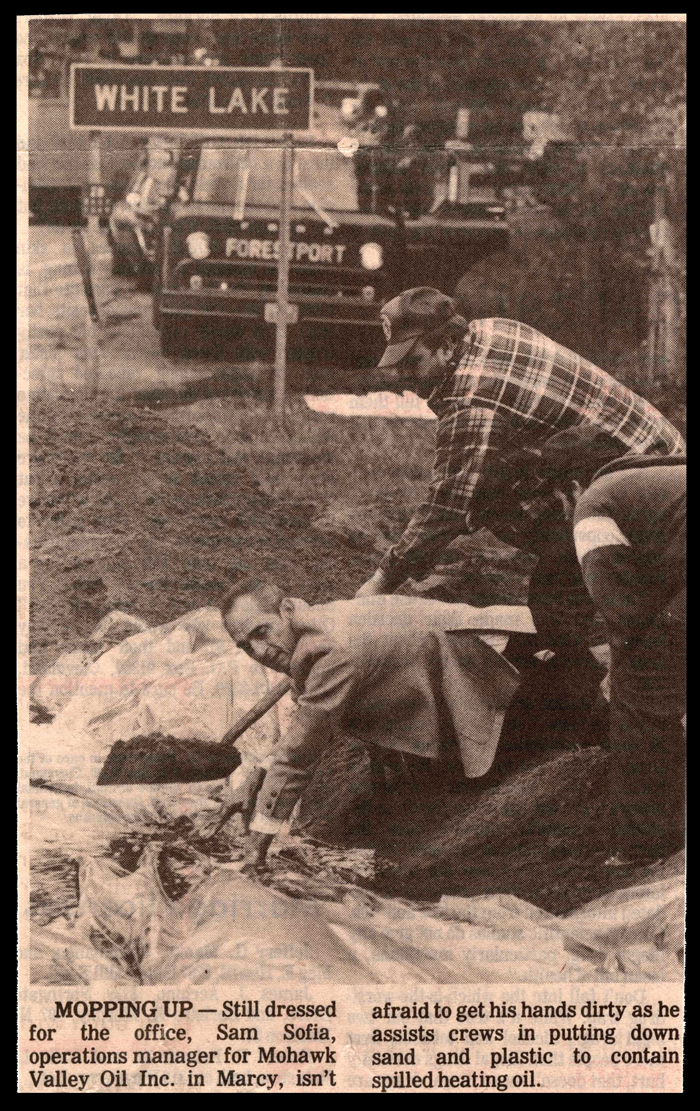 sam sofia ops manager of mohawk valley oil assists in clean up of spill october 1988