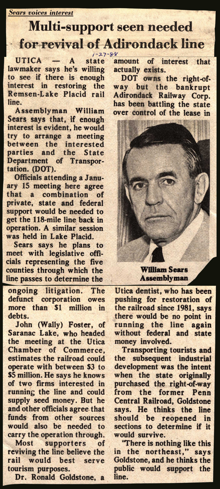 sears looks for support to revive adirondack rail line january 27 1988