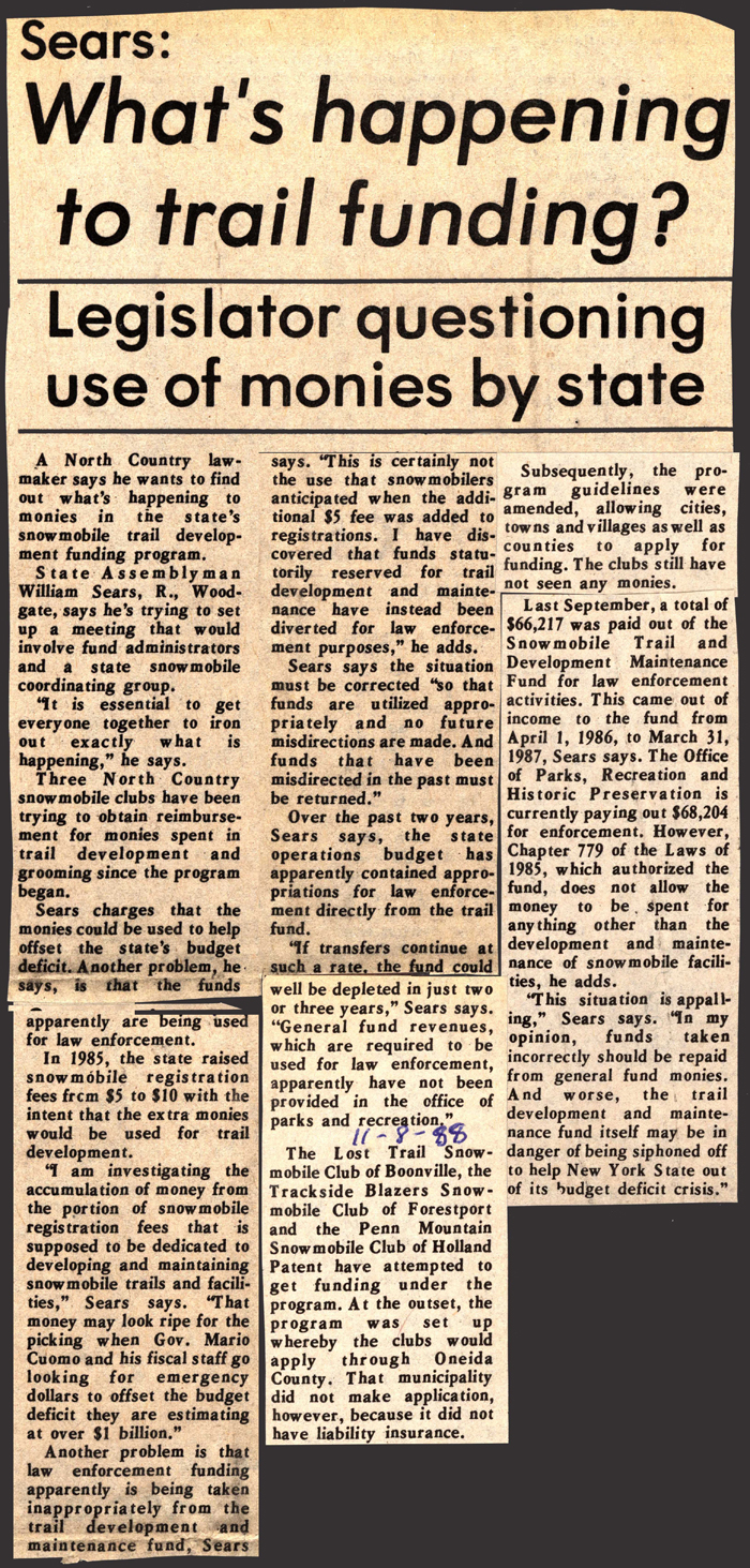 sears questions use of trail funding monies november 8 1988