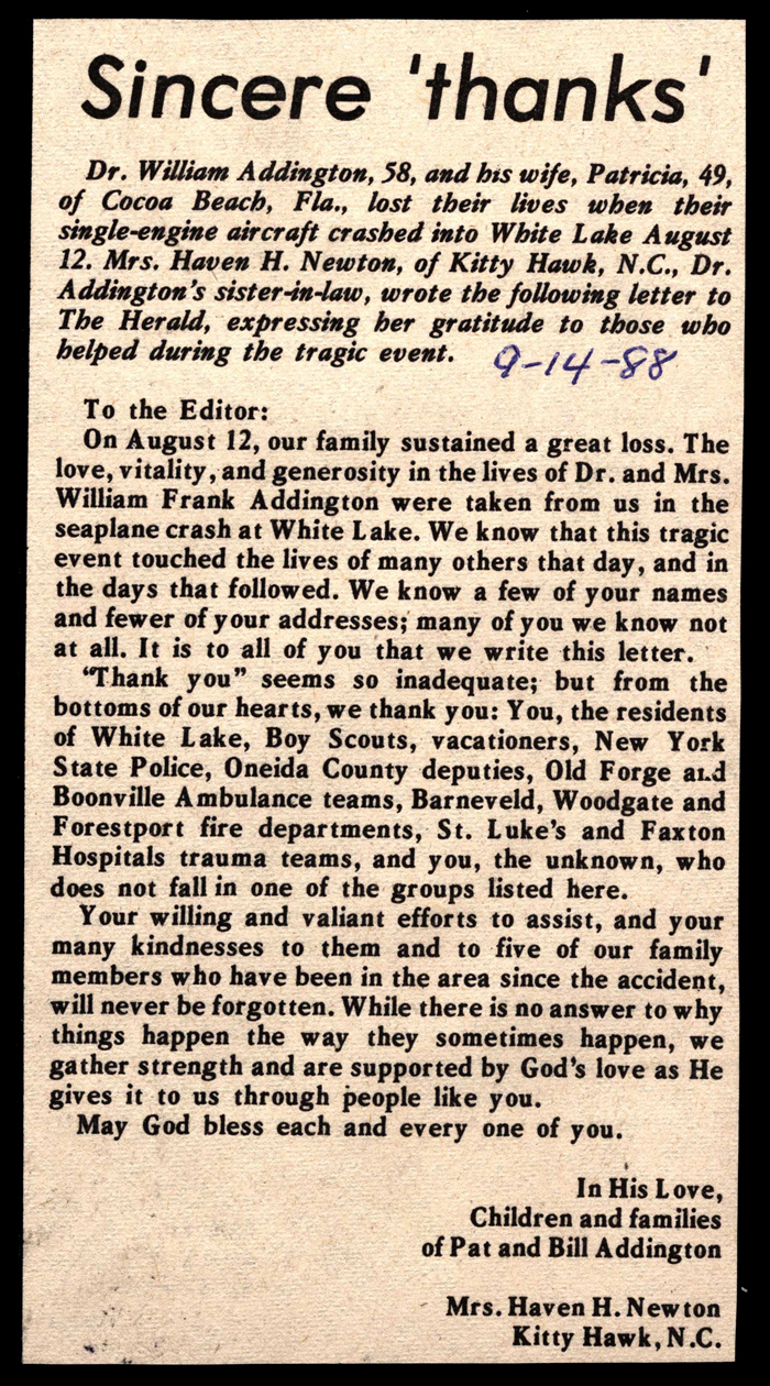 thanks from addington family to area residents september 14 1988
