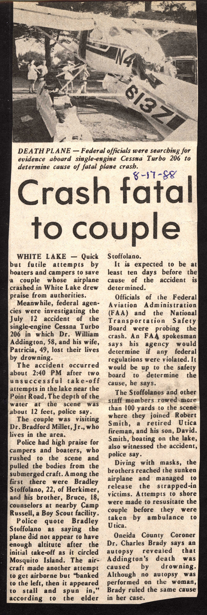 white lake plane crash fatal to couple august 17 1988
