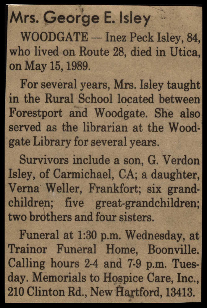 isley inez peck wife of george e isley obit may 15 1989