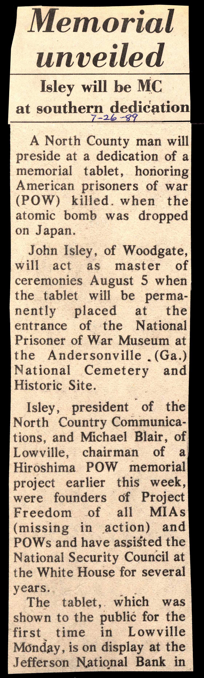 john isley of woodgate to be mc at pow memorial unveiling in georgia july 26 1989 001
