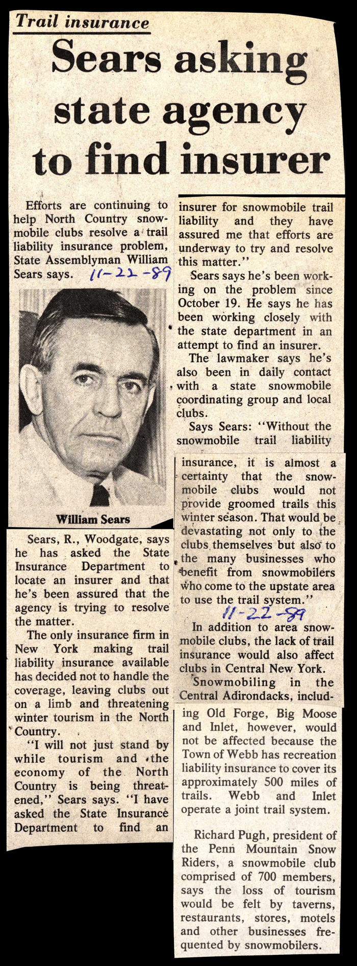 sears asking state agency to find insurer for snowmobile clubs november 12 1989
