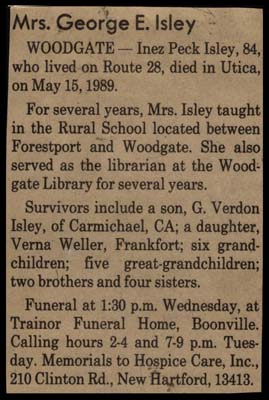 isley inez peck wife of george e isley obit may 15 1989