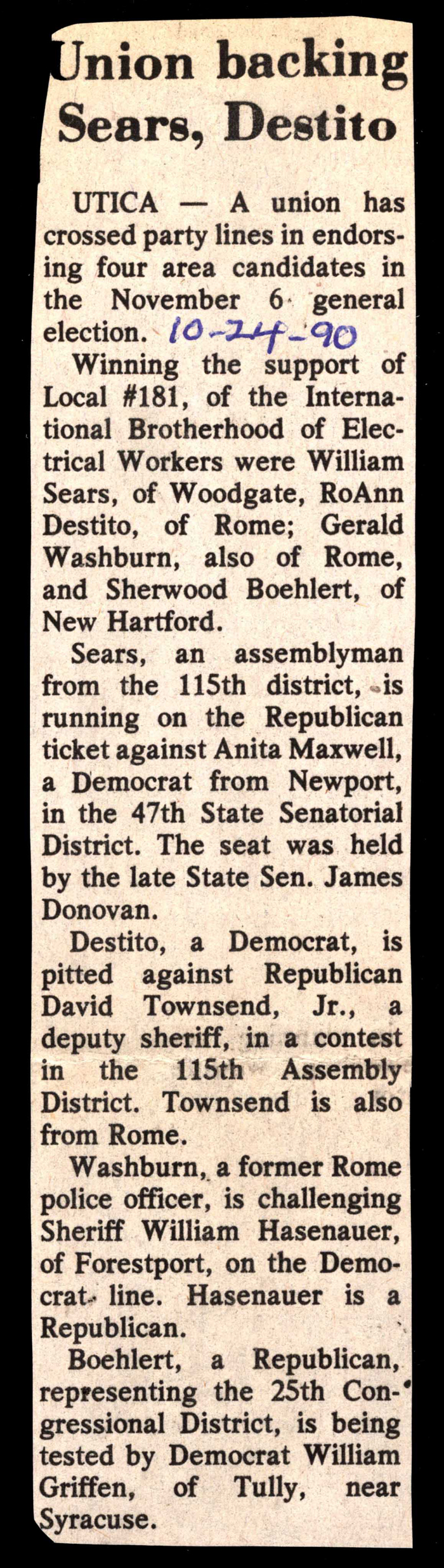 union local 181 backing sears and destito october 24 1990