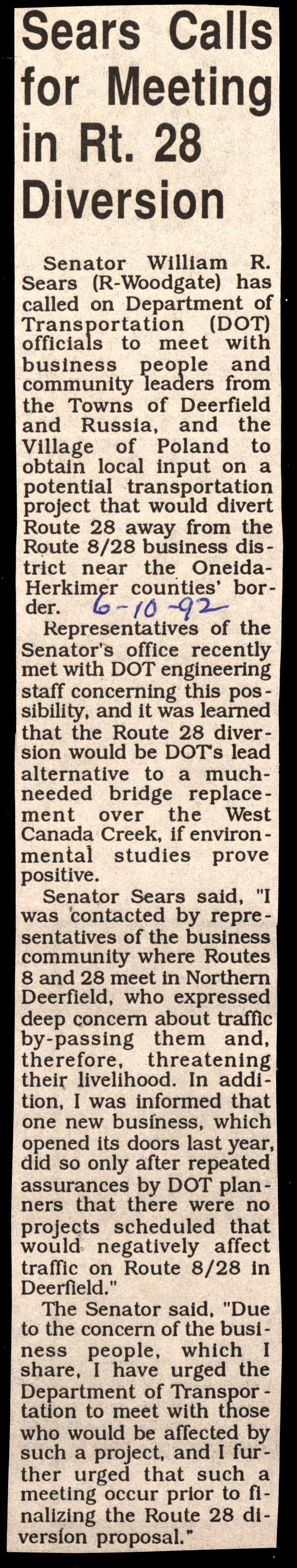 sears calls for meeting to discuss impact of route 28 diversion june 10 1992