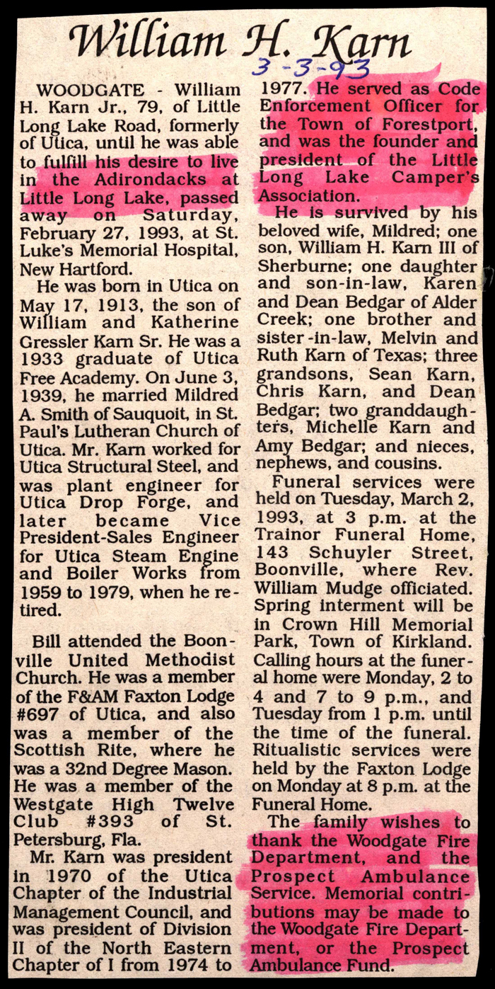 karn william h husband of mildred smith karn march 3 1993