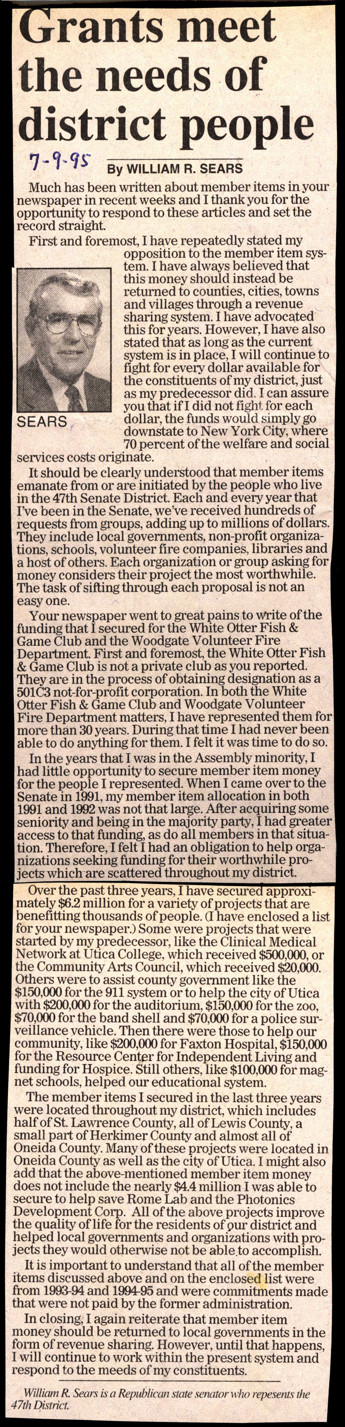 grants meet the needs of district people senator sears says july 9 1995