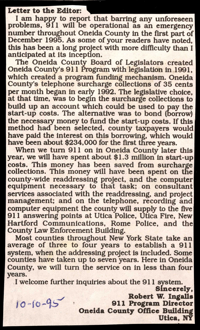 letter to editor from robert ingalls oneida county 911 director october 10 1995