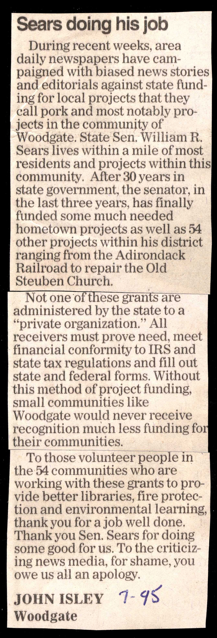 sears doing his job letter by john isley july 1995