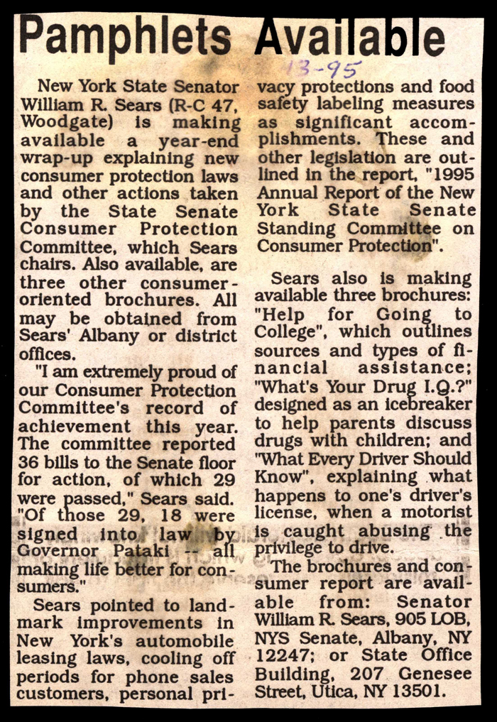 senator sears consumer protection pamphlets available 1995