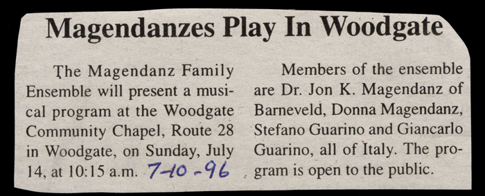 magendanz family presents musical program at woodgate chapel july 14 1996
